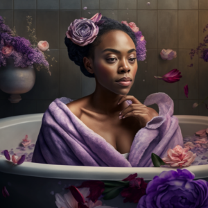 African American Woman sitting in a bathtub filled with flowers