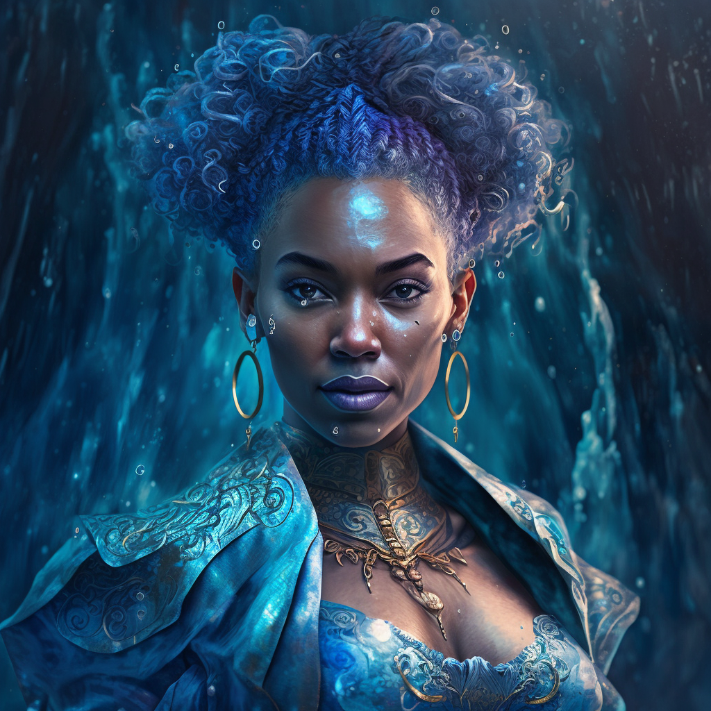 She is the Water Elemental, African American Goddess with Bluish-purple hair, blue cloak harnessing the power of water