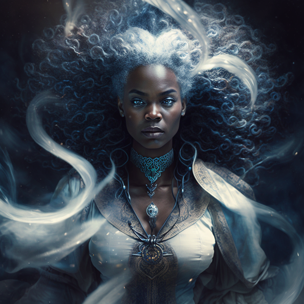 Beautiful Black Goddess, Air Elemental with flowing grey and black hair