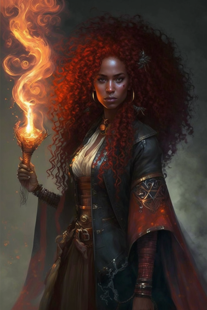 African American Goddess, Fire Elemental with flaming red curly hair, holding a blazing torch