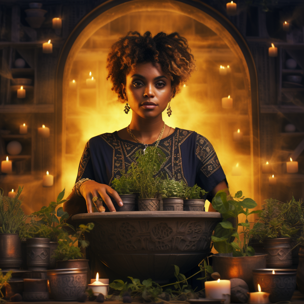 Black woman surrounded by herbs and candles preparing to make incense