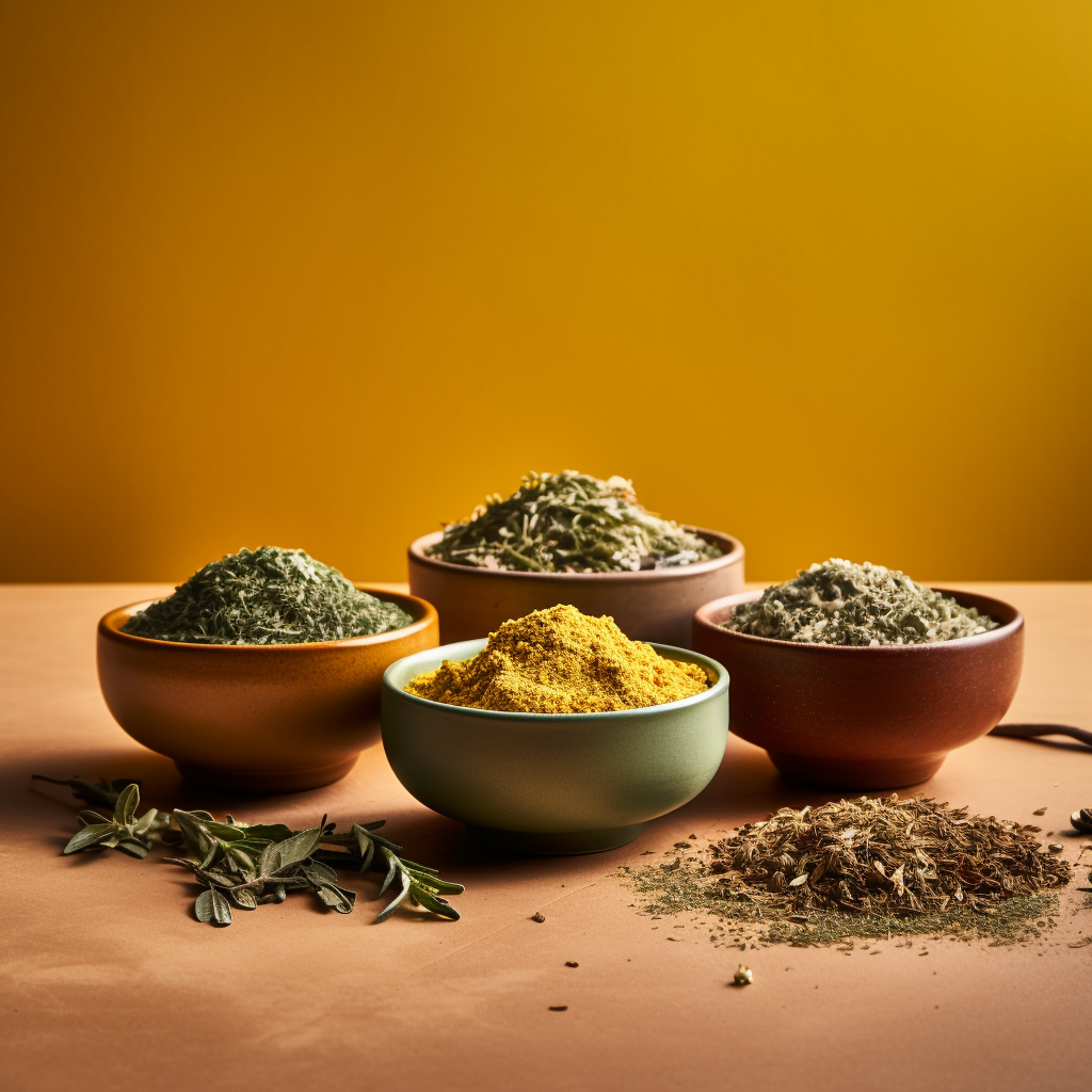 4 bowls of crushed herbs for incense making